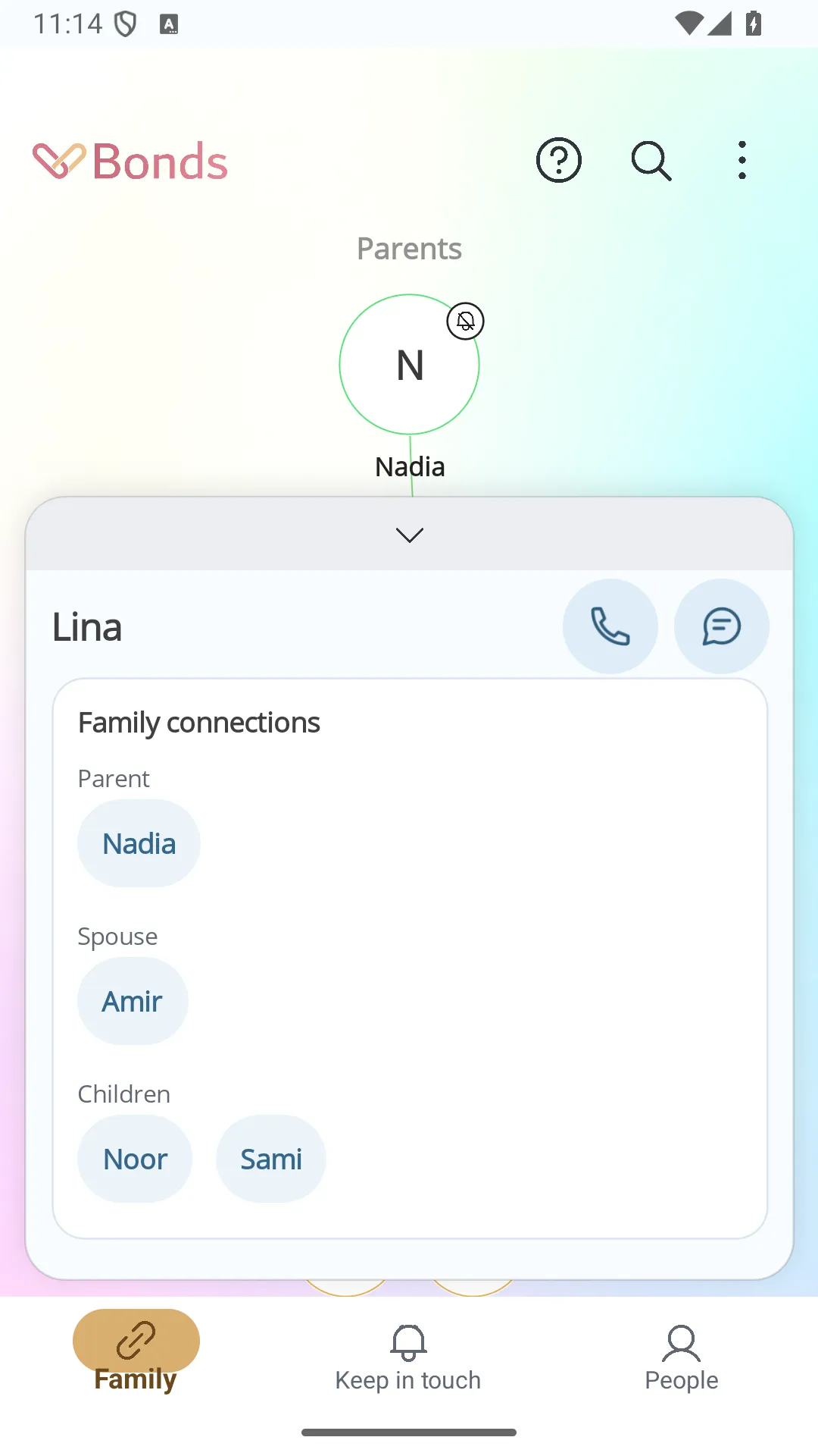 Bonds mobile app showing Lina's family connections: Nadia, Amir, Noor and Sami.
